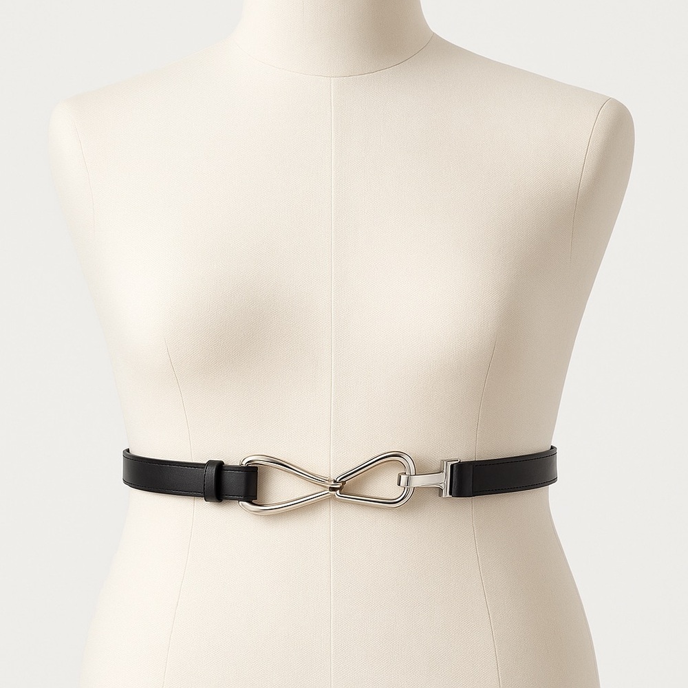 GENUINE LEATHER Hook Belt Black Adjustable Statement Waist Belt - Picture 2 of 8